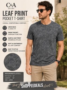 C&A Leaf Print Crew Neck Pocket T-Shirt – Men’s Large – Gray